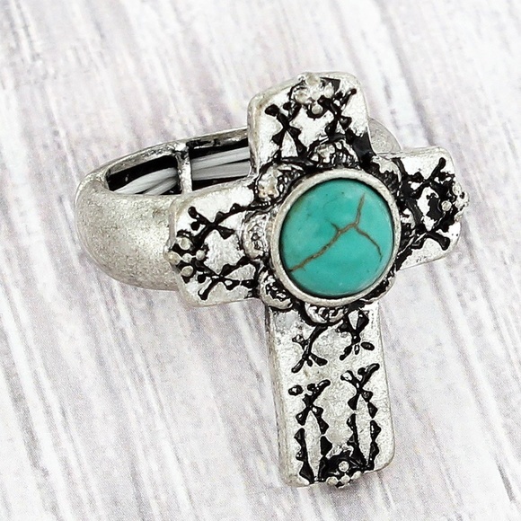 Jewelry - Burnished Silvertone Turquoise Cross Ring